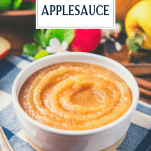 Close up shot of a bowl of applesauce with text title overlay