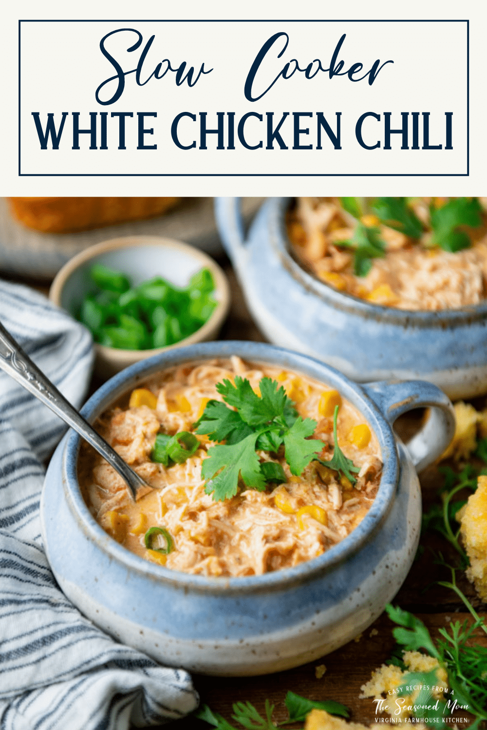 Side shot of a bowl of the best white chicken chili recipe with text title box at top