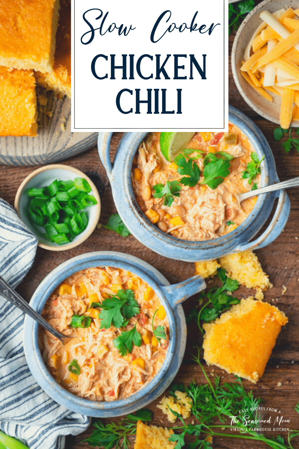 Overhead shot of two bowls of Crockpot chicken chili with text title overlay