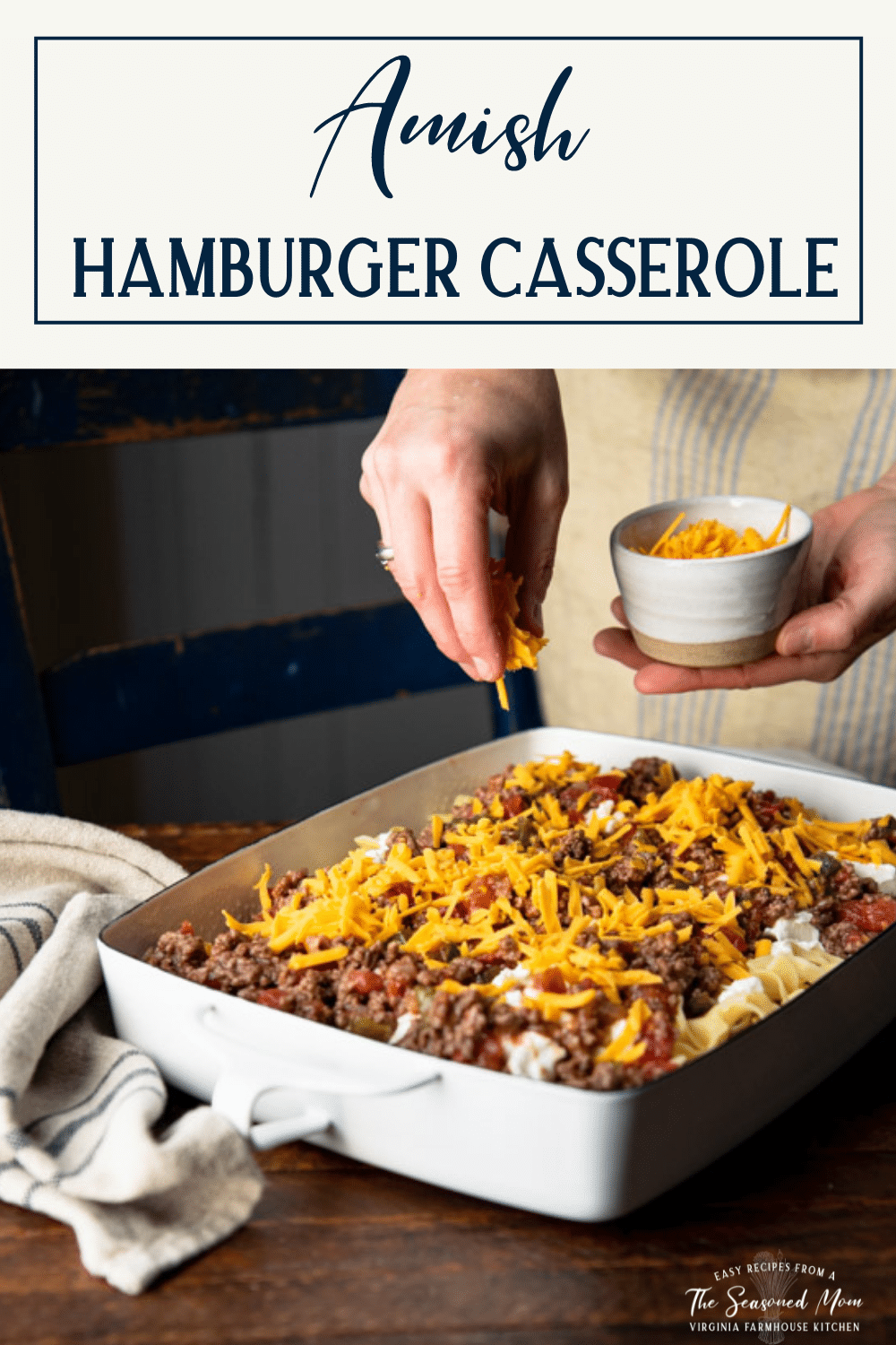 Process shot of hamburger casserole with text title box at top.