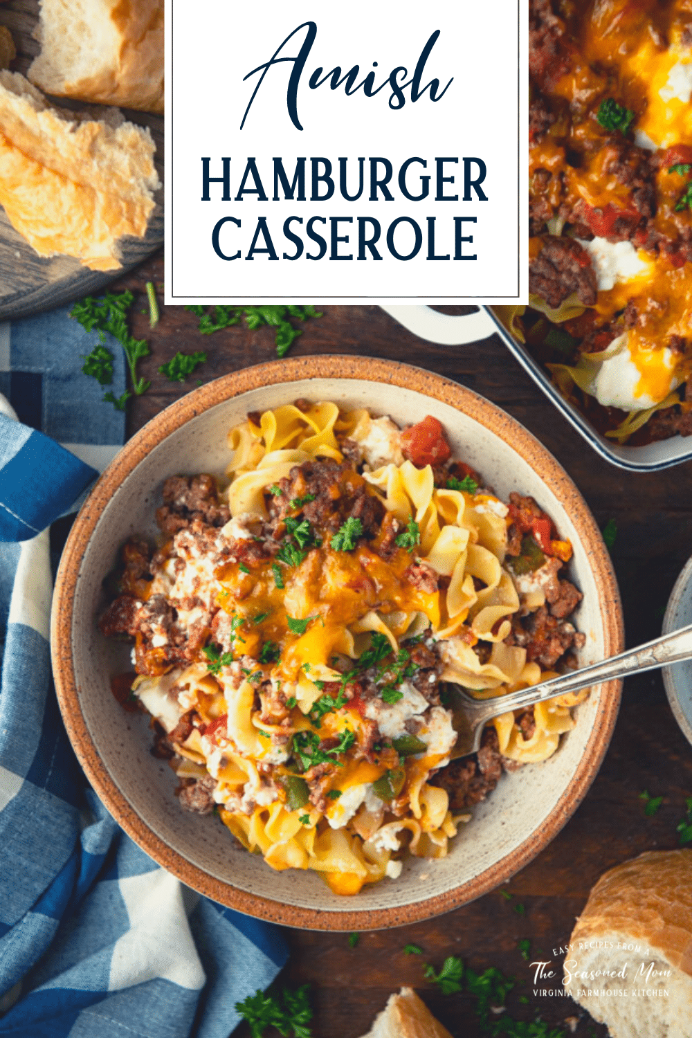 Overhead shot of a bowl of sour cream noodle bake with text title overlay