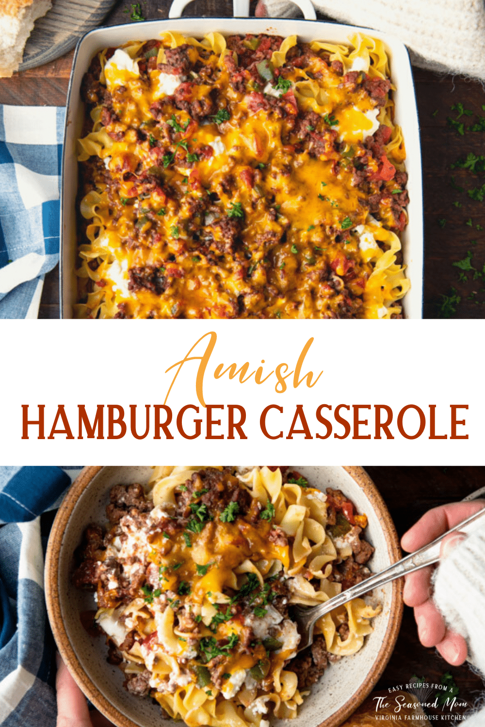 Long collage image of Amish hamburger casserole a sour cream noodle bake.