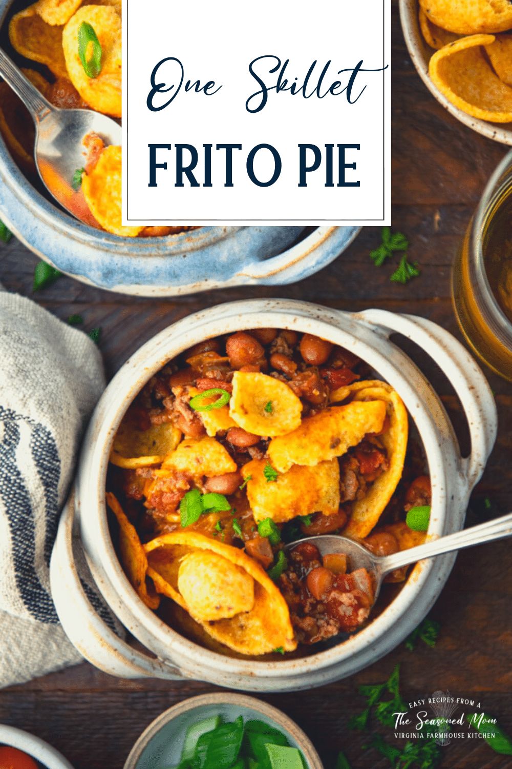 Overhead shot of two bowls of frito pie with text title overlay