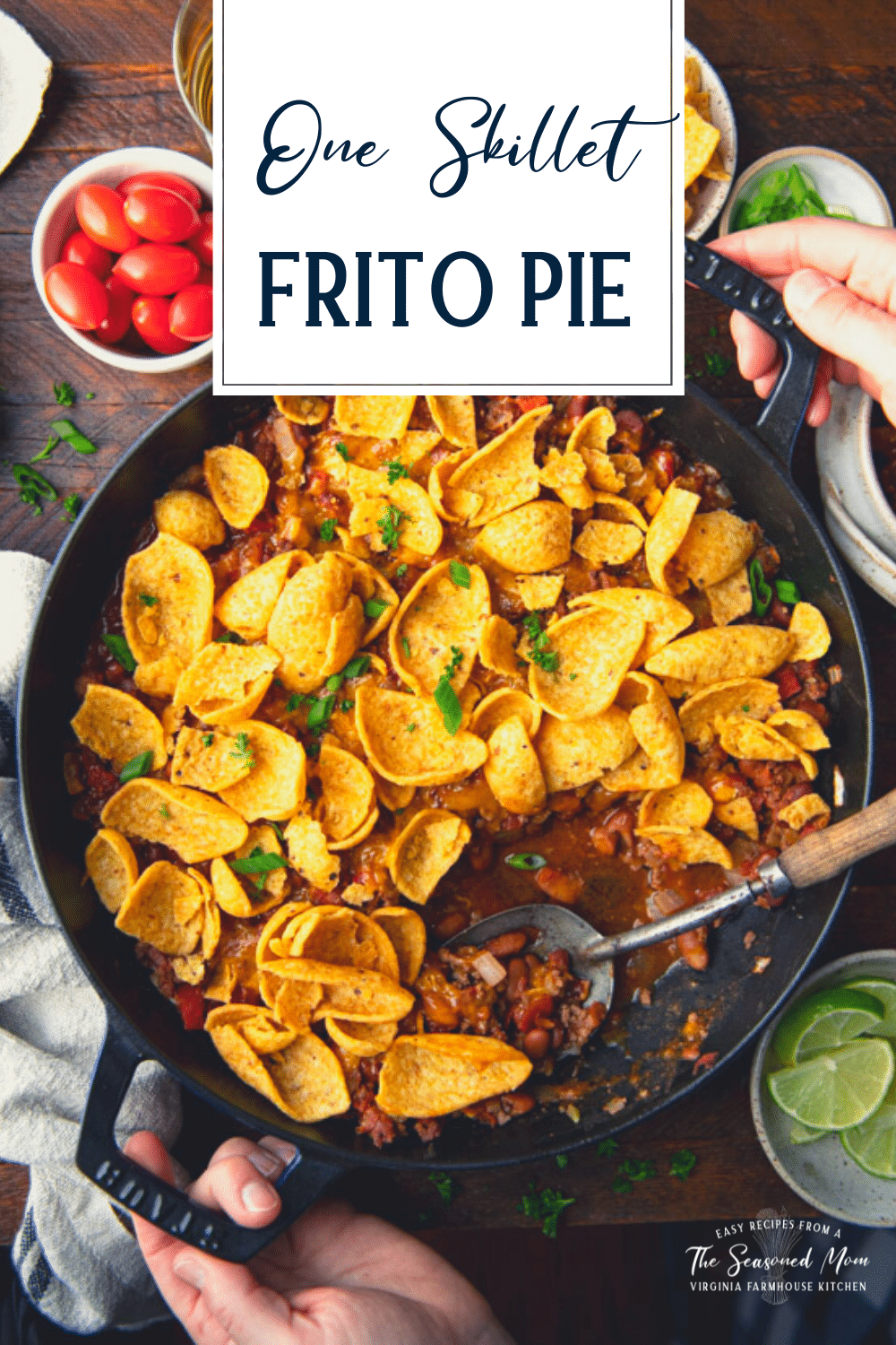 Overhead shot of frito pie on a table with text title overlay