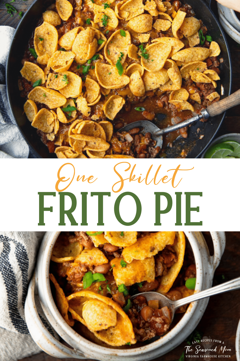 Long collage image of frito pie.