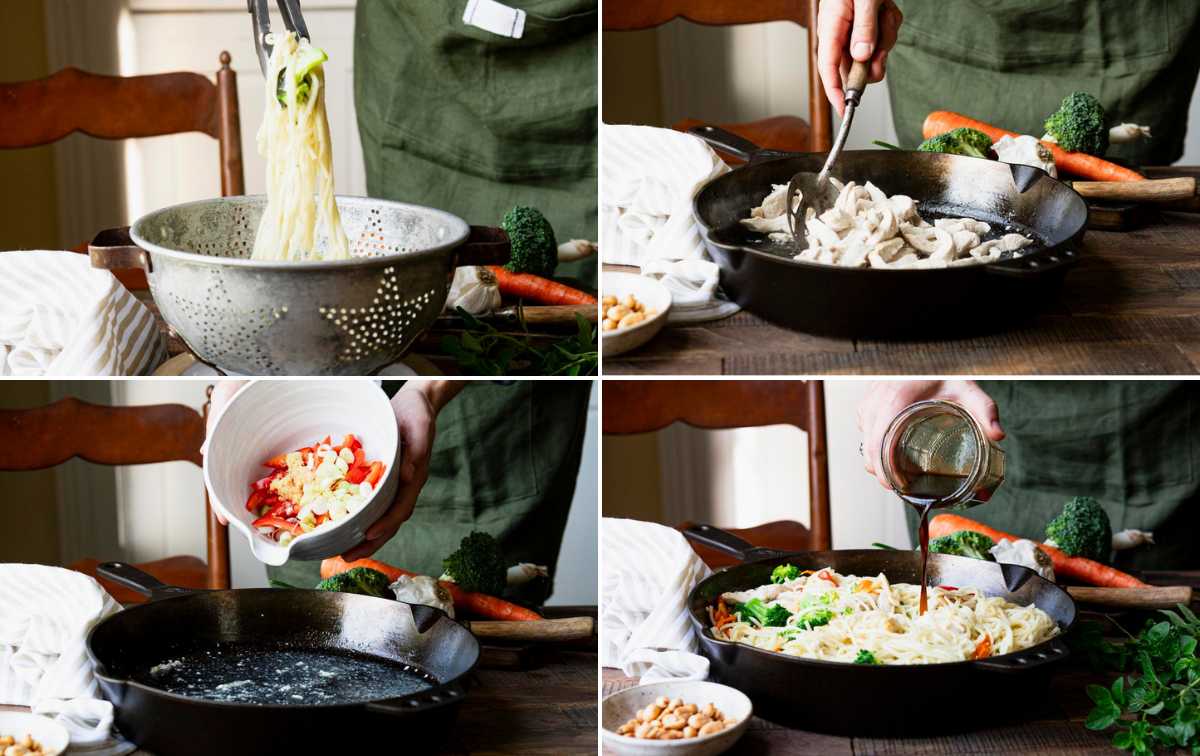Horizontal collage image of process shots showing how to make lo mein with chicken and broccoli.