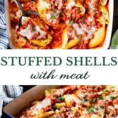 Long collage image of stuffed shells with meat.