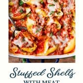 Stuffed shells with meat and text title at the bottom.