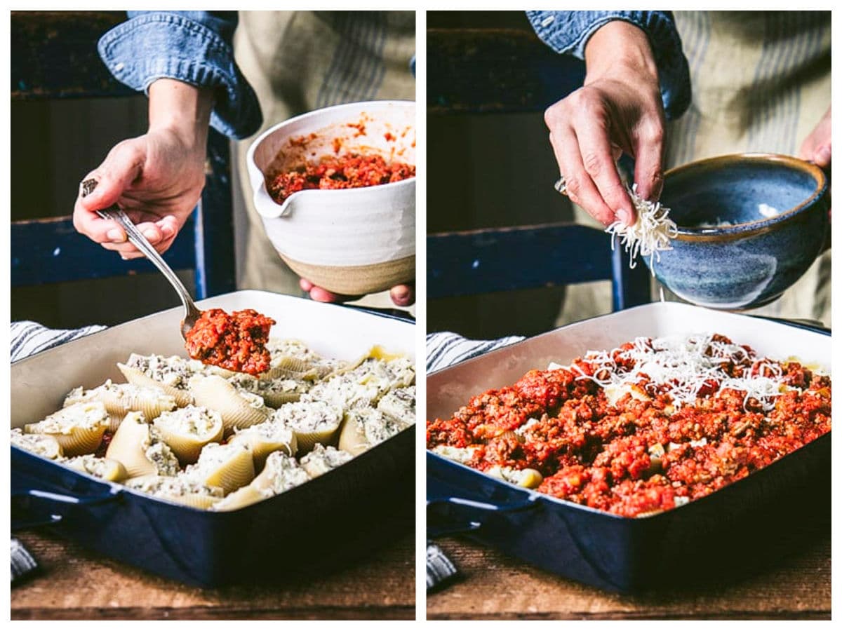 Horizontal collage of two images showing the final process shots for how to make stuffed pasta shells.