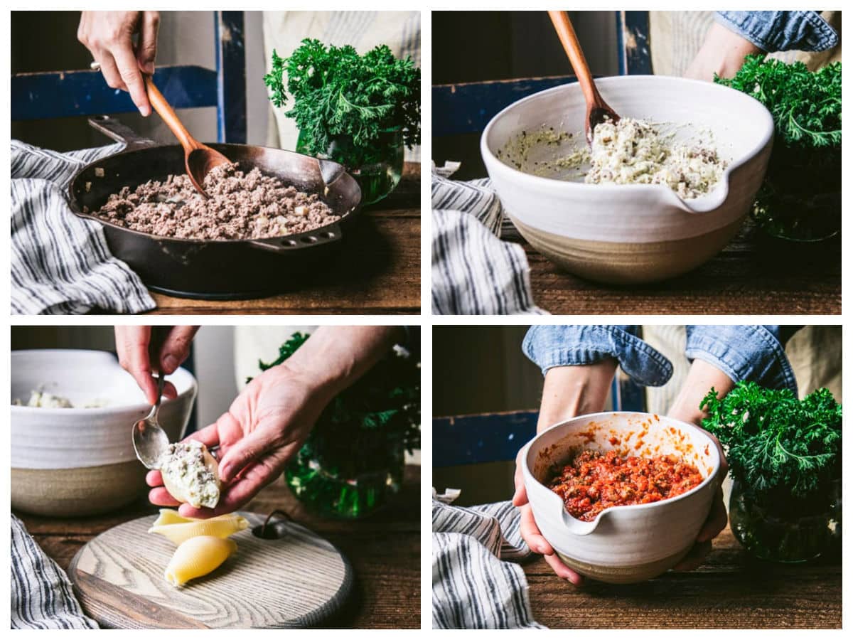 Horizontal collage of process shots showing step by step how to make stuffed shells with meat.
