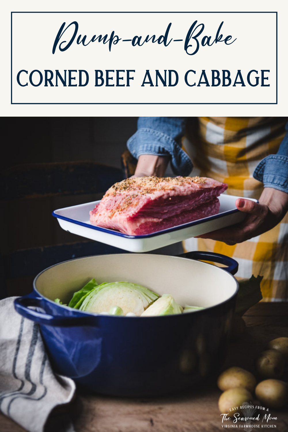 Process shot showing how to make corned beef and cabbage with text title box at top.