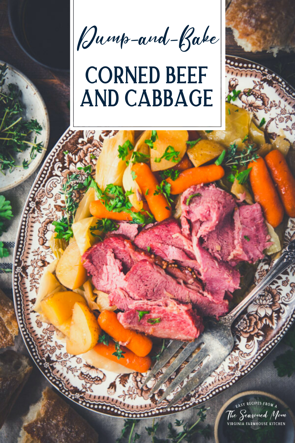 Overhead image of a tray of corned beef and cabbage with potatoes and carrots and text title overlay