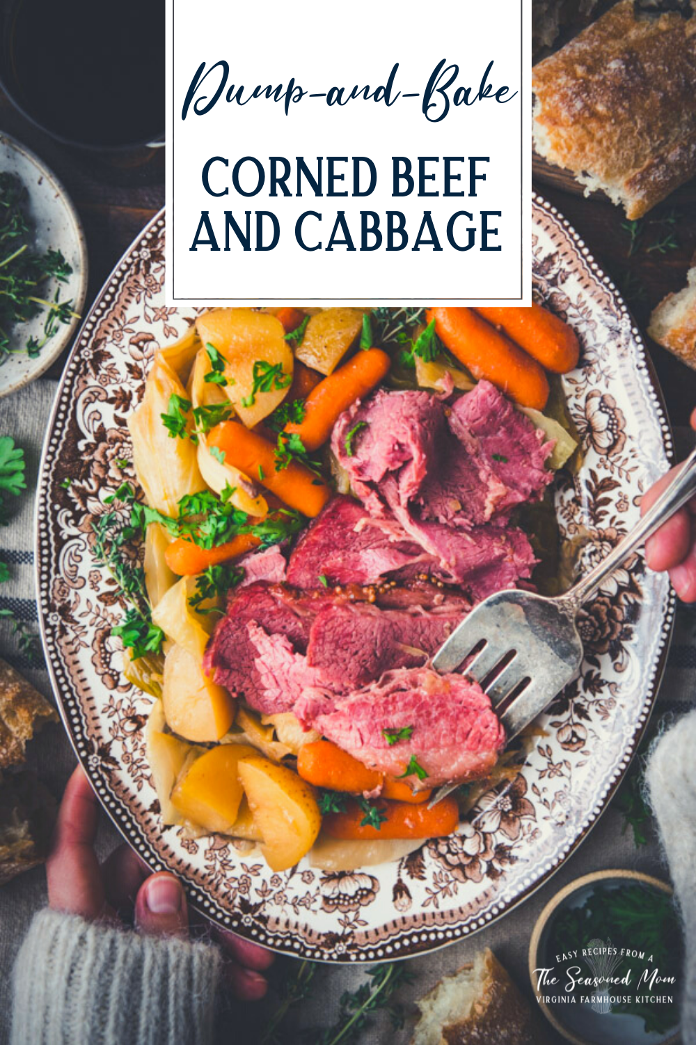 Overhead shot of hands serving a tray of corned beef and cabbage with text title overlay