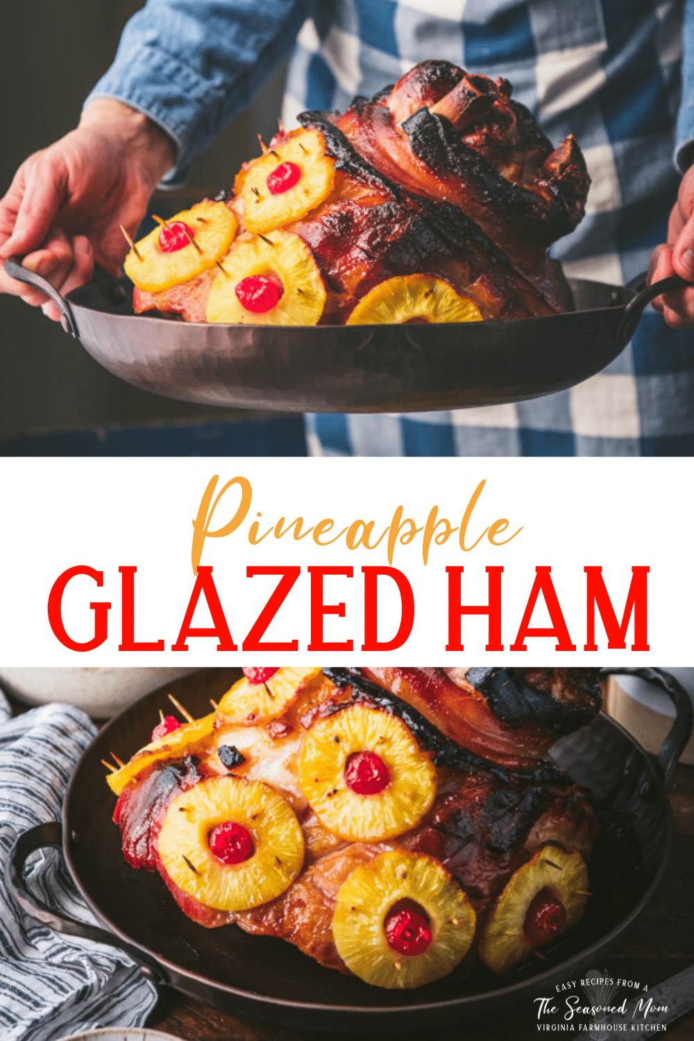 Long collage image of pineapple glazed ham.