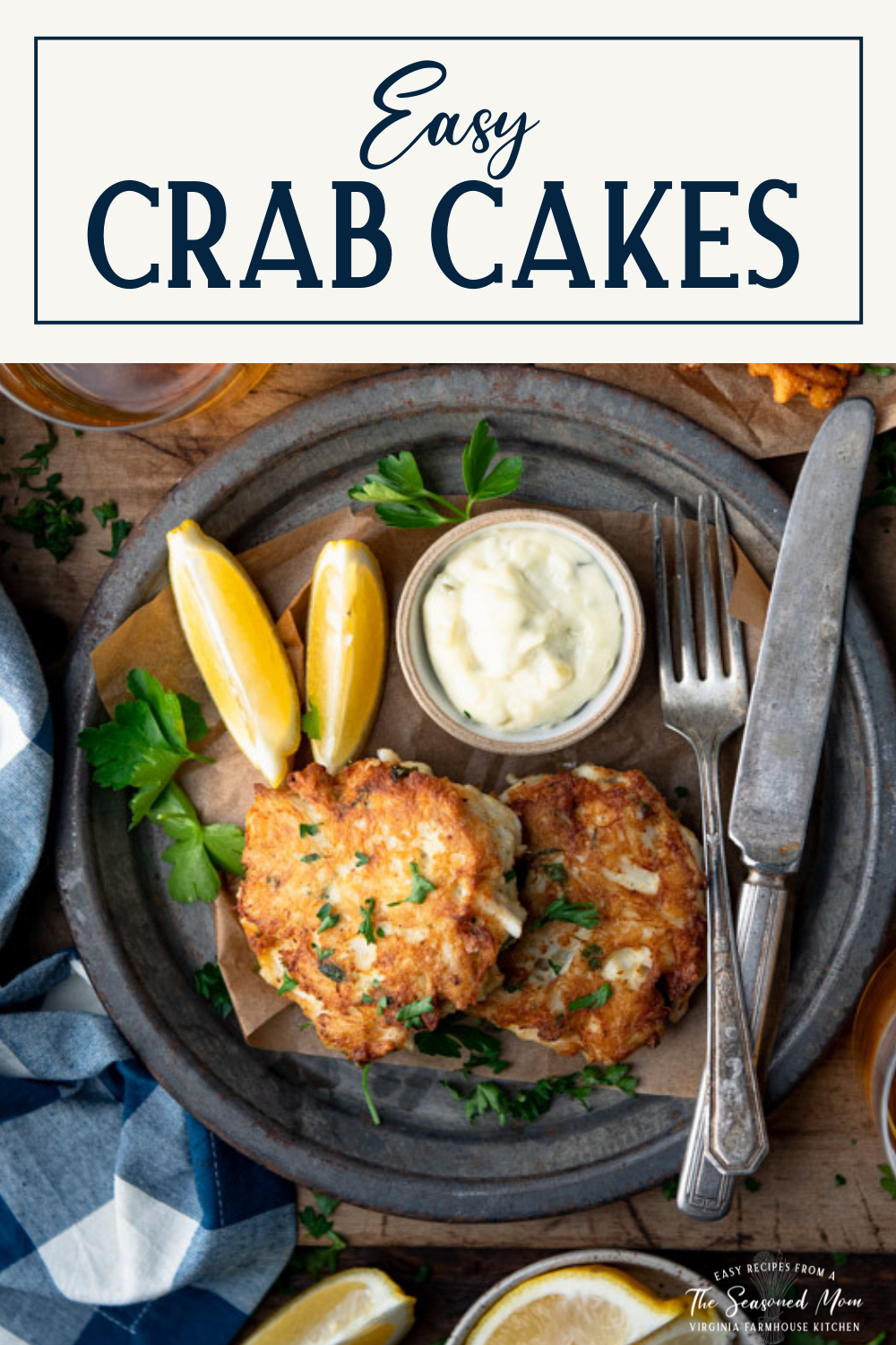 Overhead shot of a plate of Maryland crab cakes with text title box at top