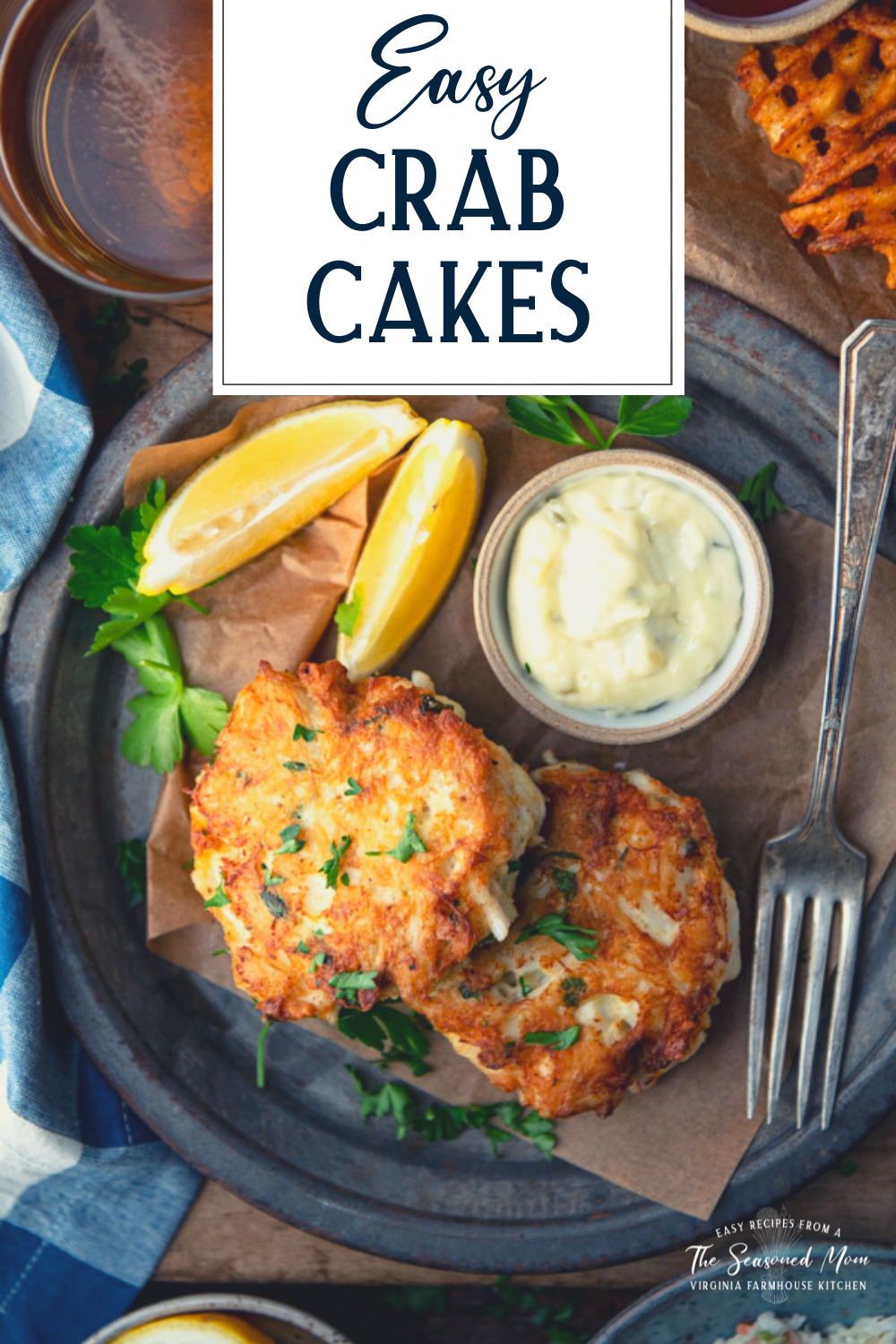 Close overhead shot of the best Maryland crab cake recipe with text title overlay