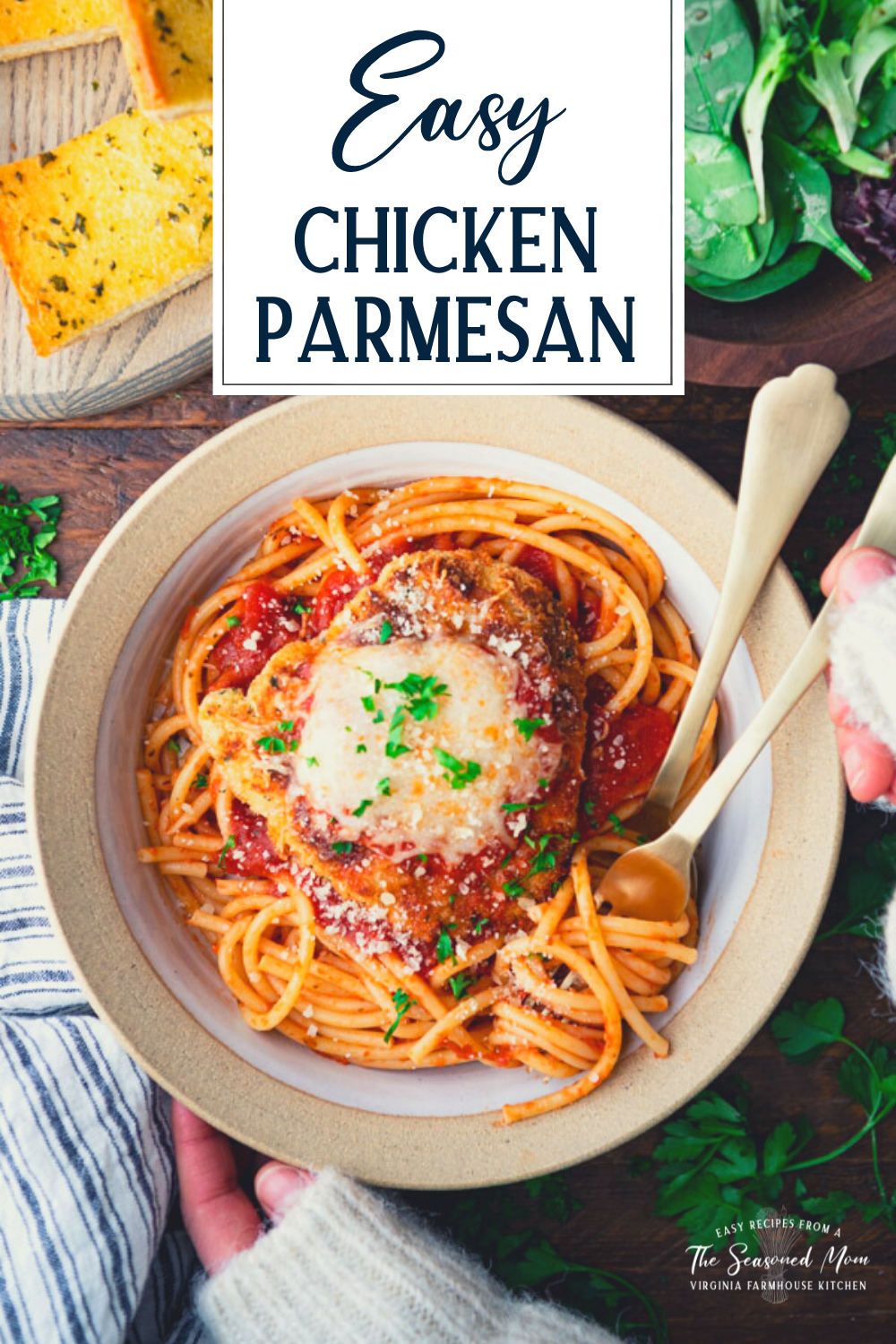 Overhead shot of hands eating an easy chicken parmesan recipe with text title overlay