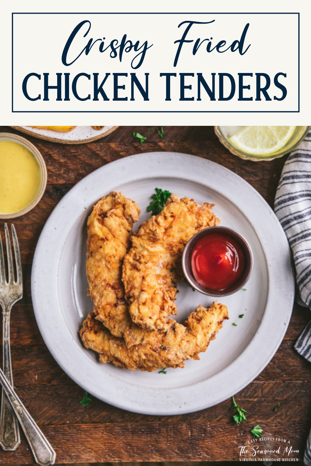 Plate of fried chicken tenders with text title box at top