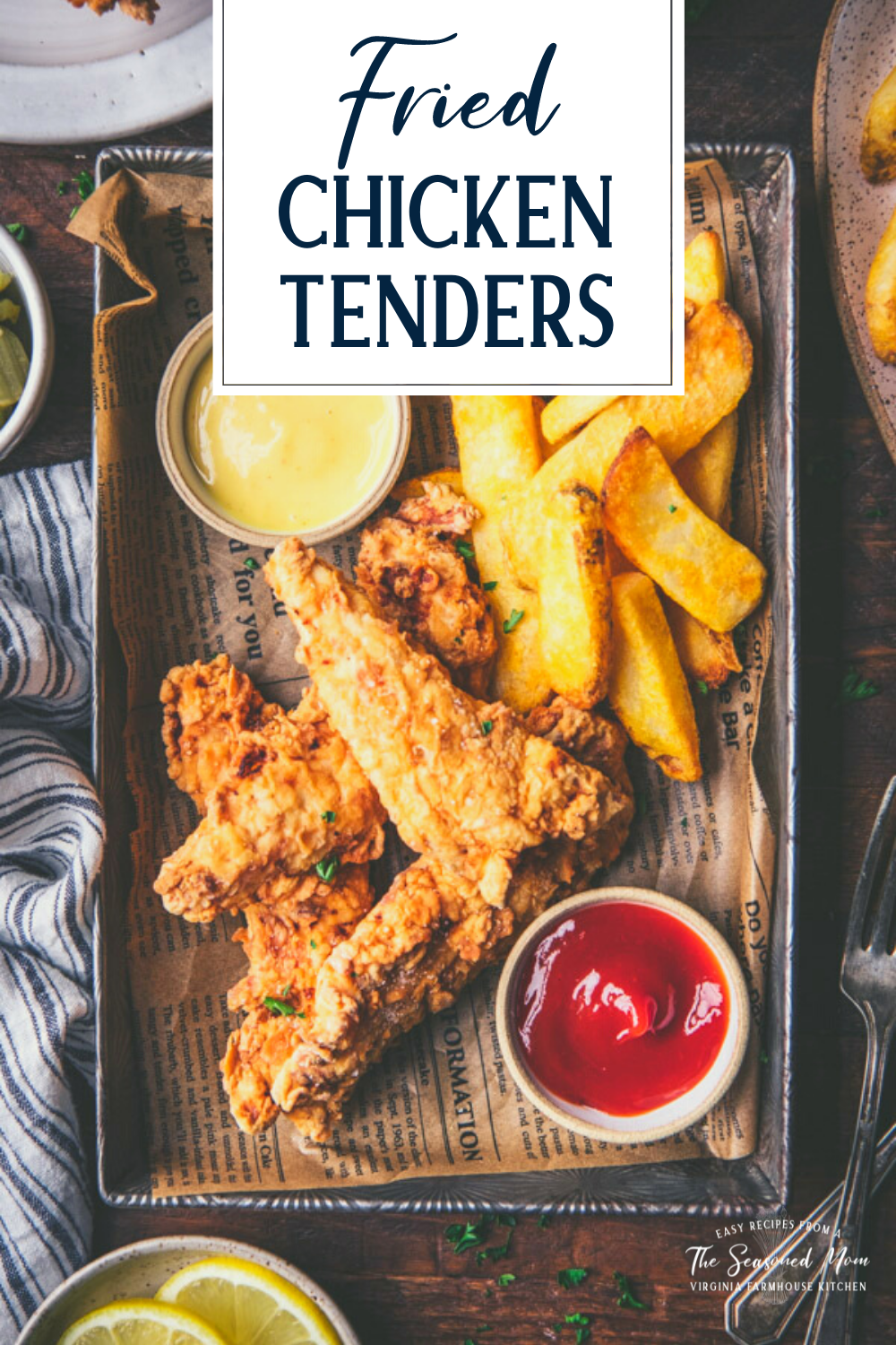 Tray of fried chicken tenders with text title overlay