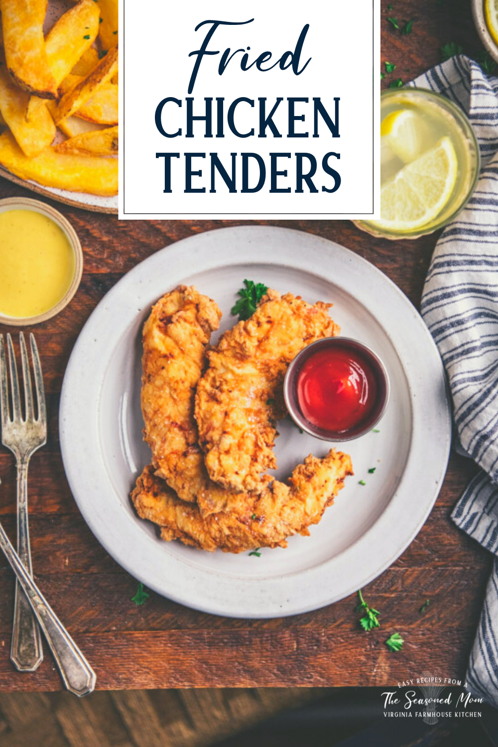 Plate of fried chicken tenders with text title overlay