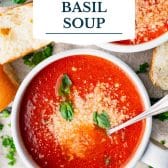 Tomato basil soup recipe with text title overlay.