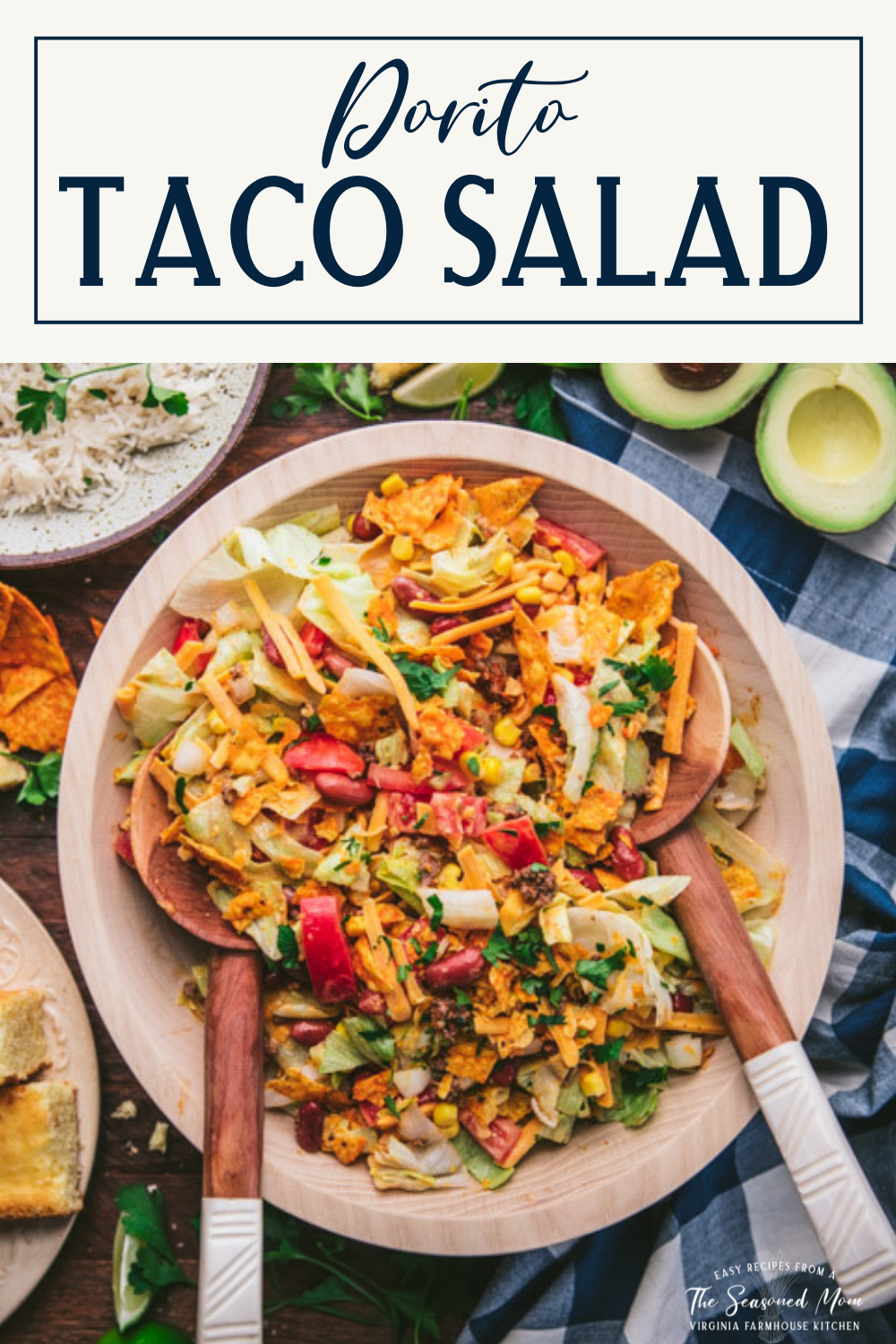 Overhead shot of a bowl of dorito taco salad with text title box at top