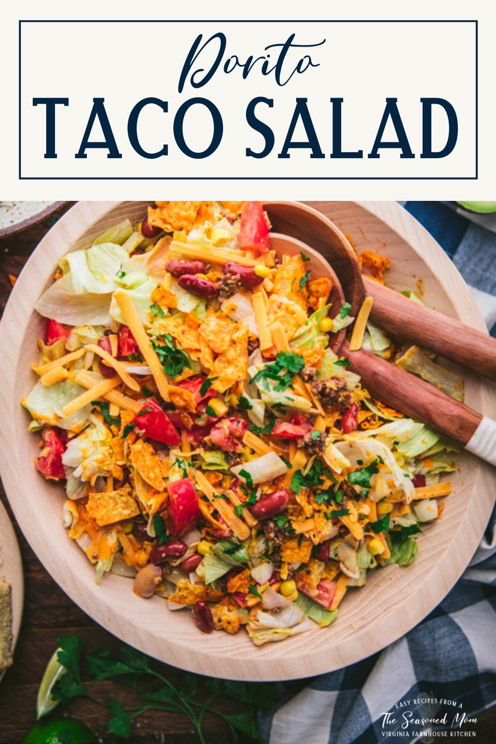 Close overhead image of taco salad with doritos and text title box at top