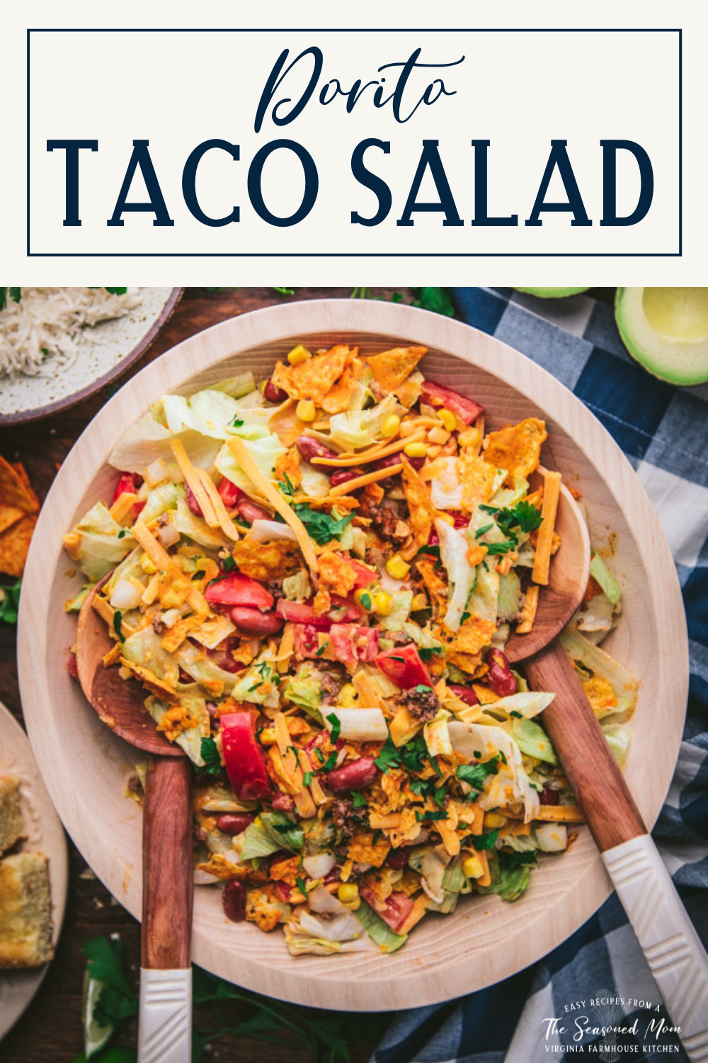 Overhead shot of doritos taco salad with text title box at top