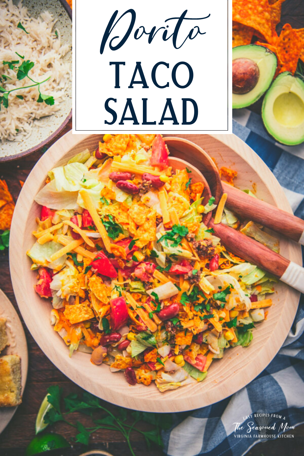 Overhead image of a big wooden bowl full of dorito taco salad with text title overlay