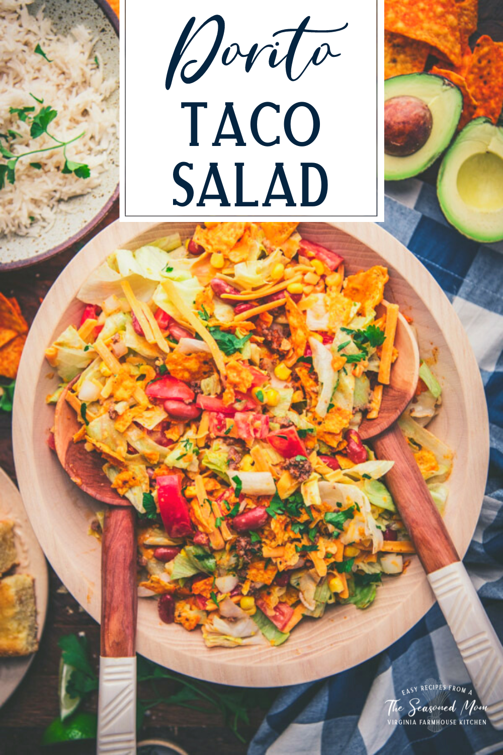 Overhead shot of doritos taco salad with text title overlay