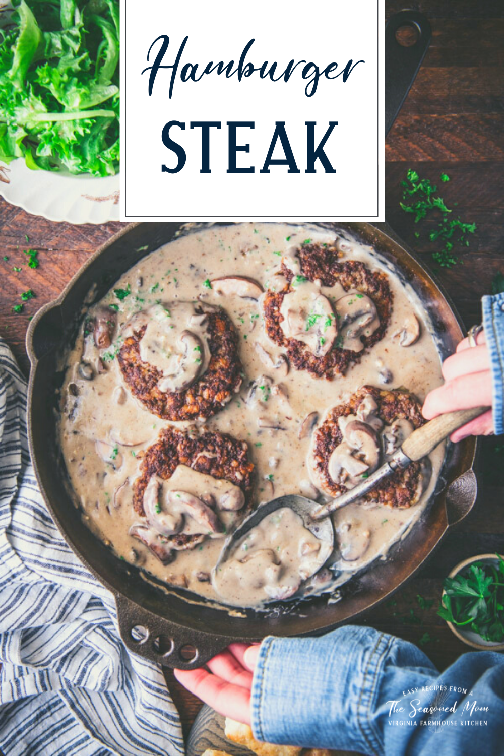 Overhead shot of a pan of hamburger steak with gravy and text title overlay