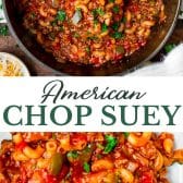 Long collage image of American chop suey.