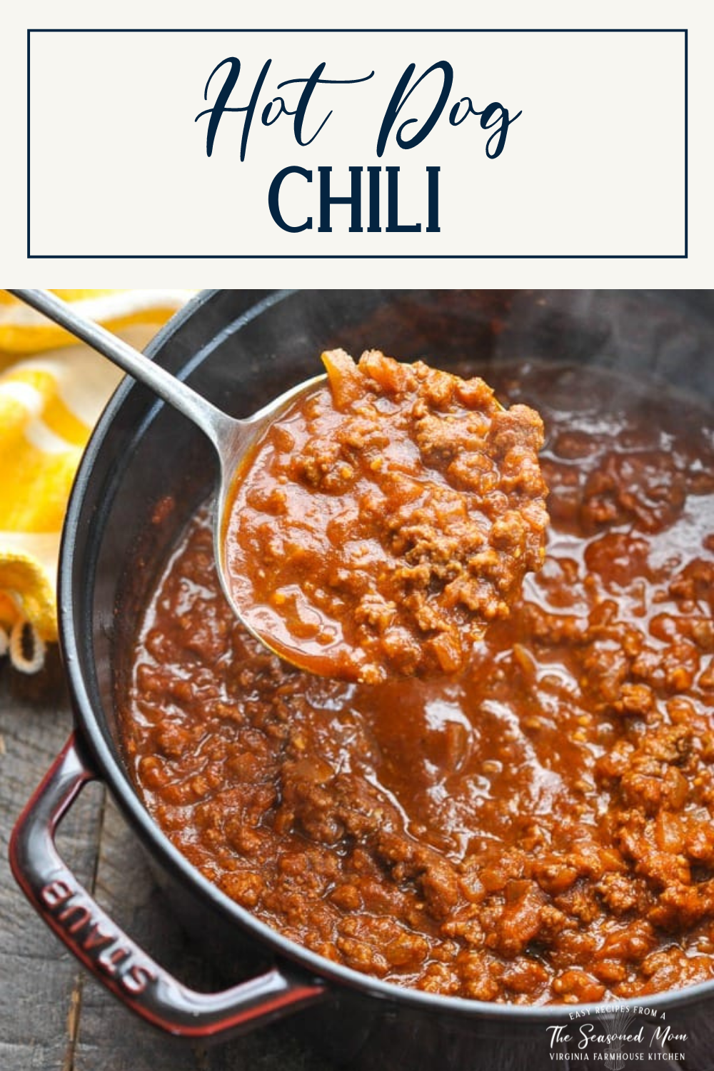 Ladle full of the best hot dog chili recipe with text title box at top