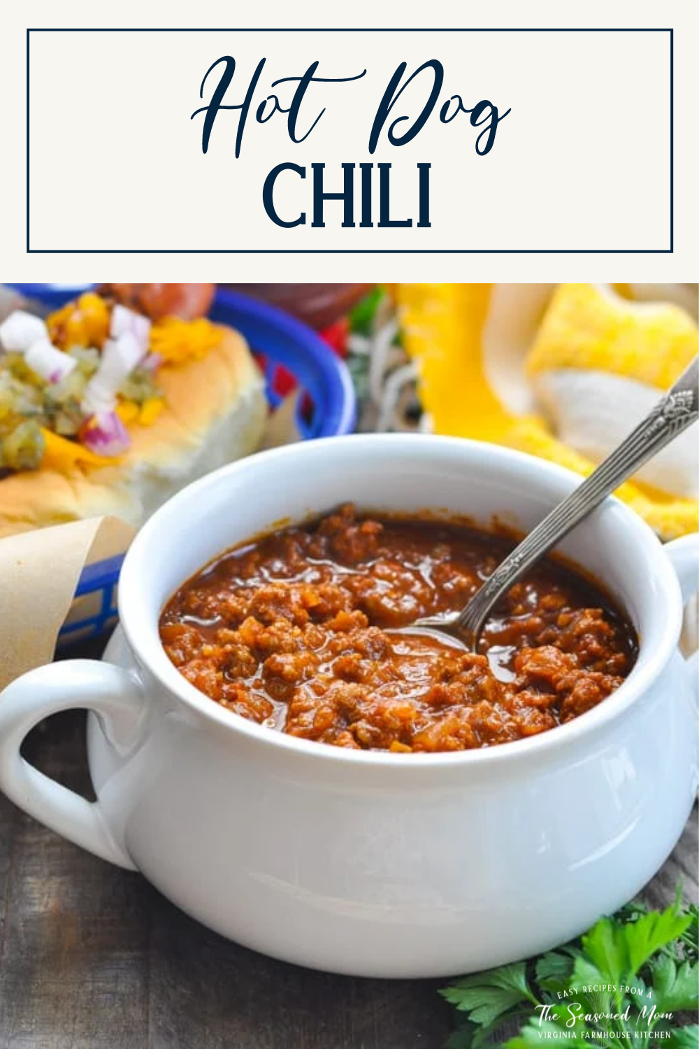 Bowl of chili for hot dogs with text title box at top
