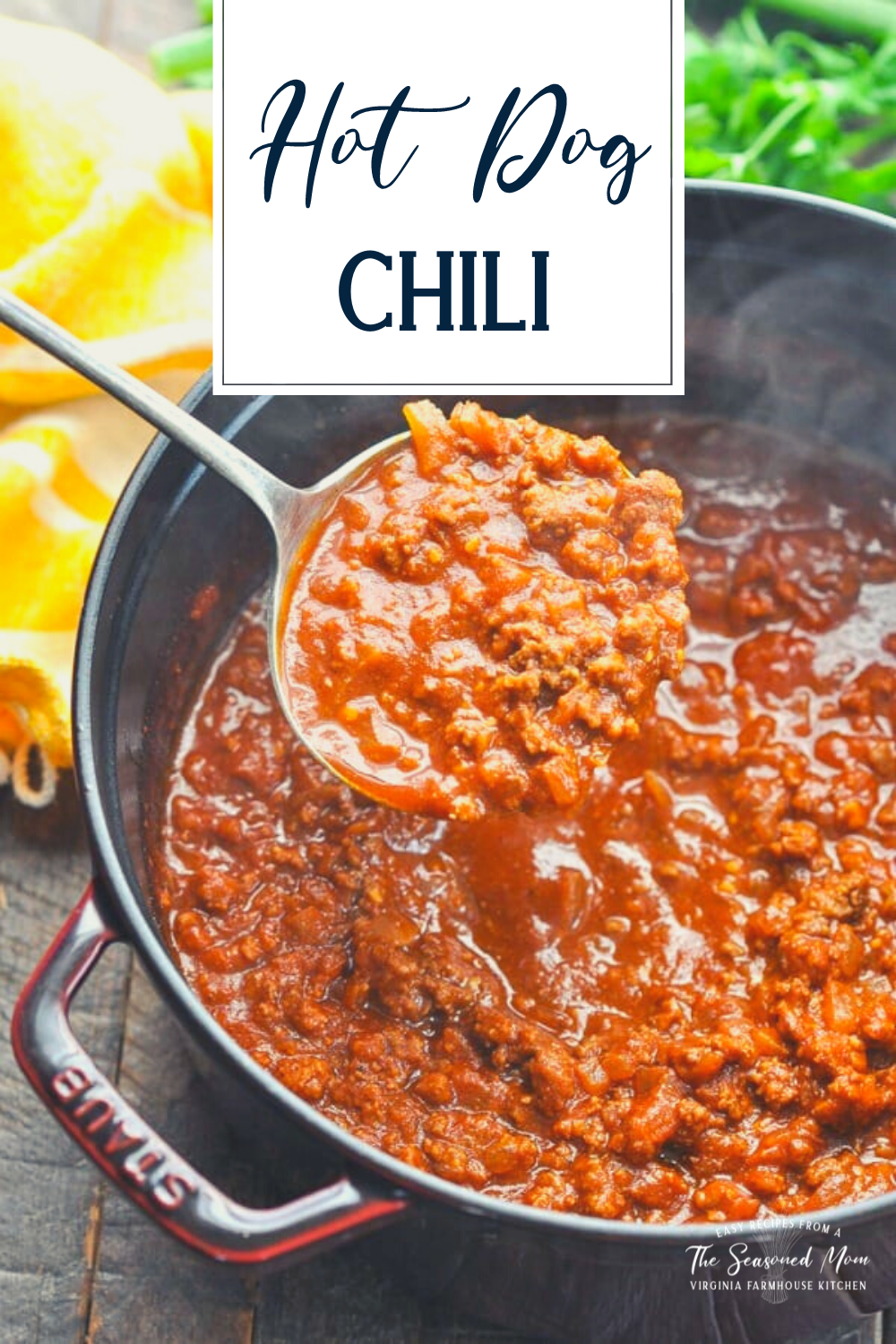 Pot of hot dog chili with text title overlay