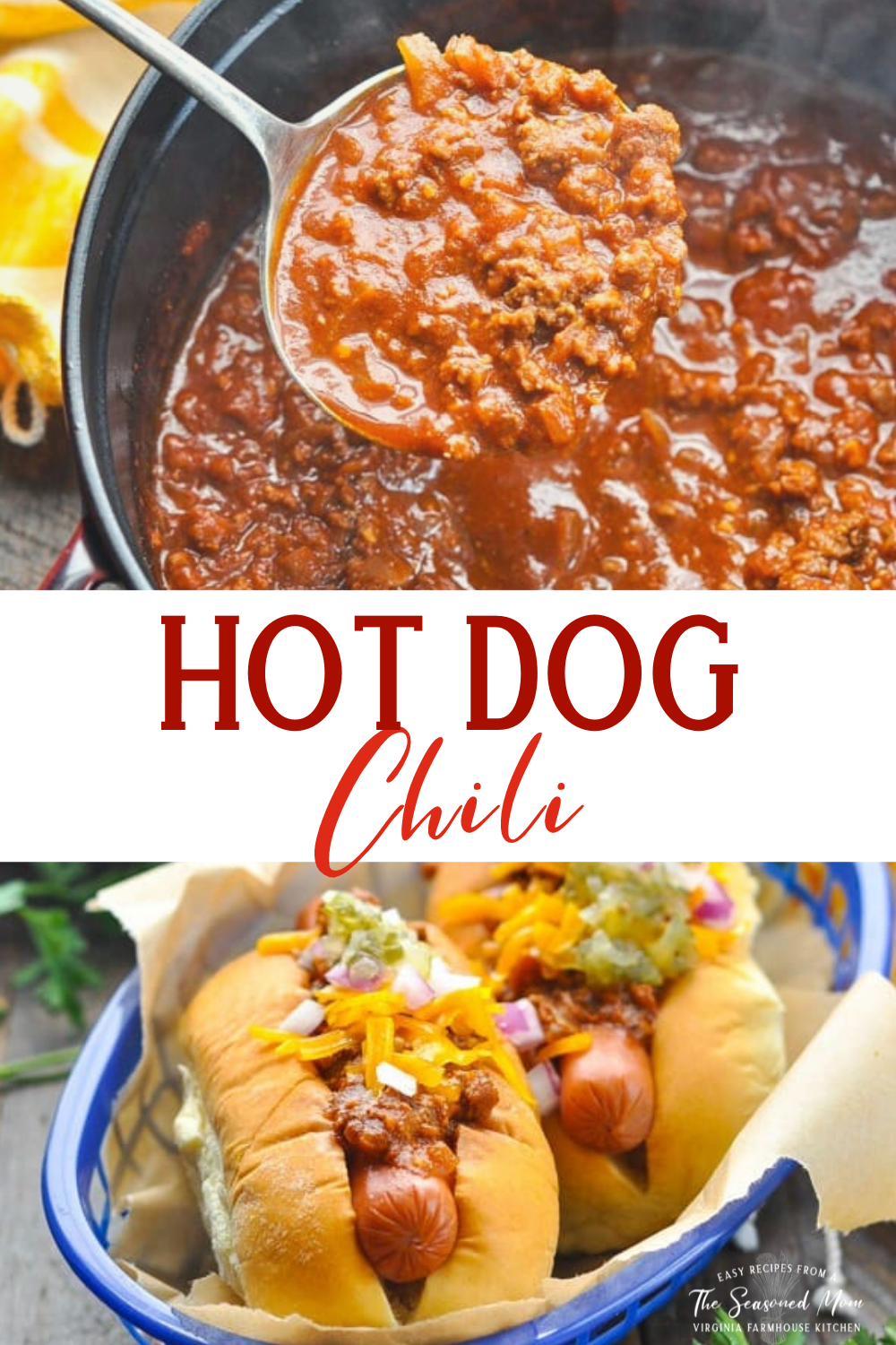 Long collage image of hot dog chili sauce