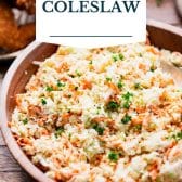 Traditional coleslaw recipe with text title overlay.