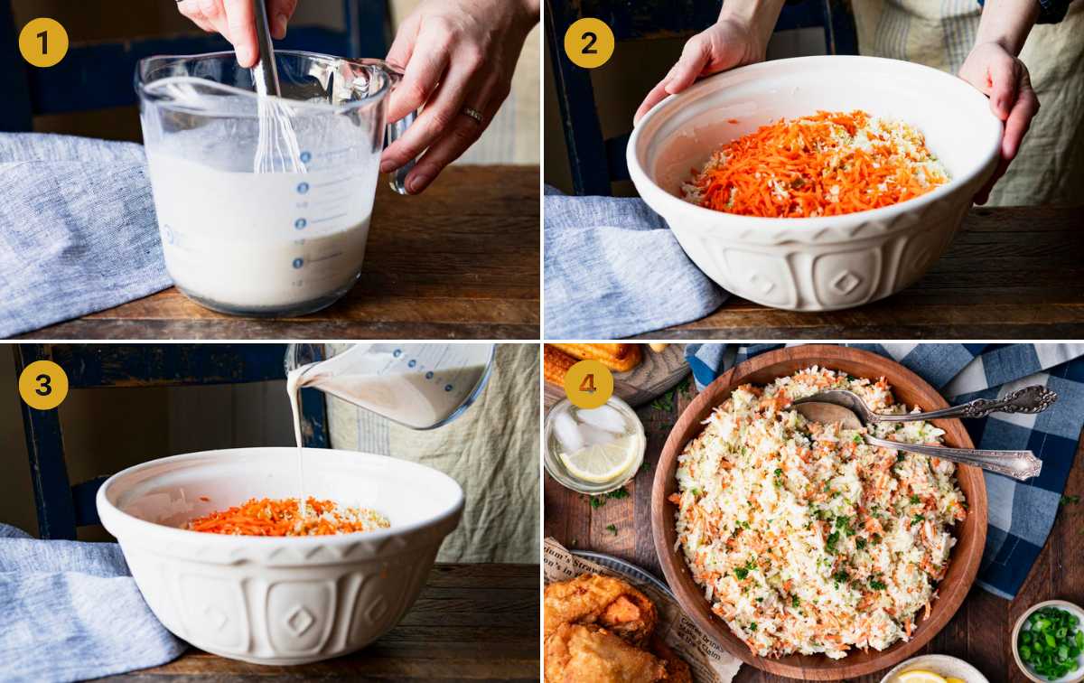 Horizontal collage image of process shots showing how to make a traditional coleslaw recipe.