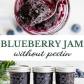Long collage image of blueberry jam without pectin.
