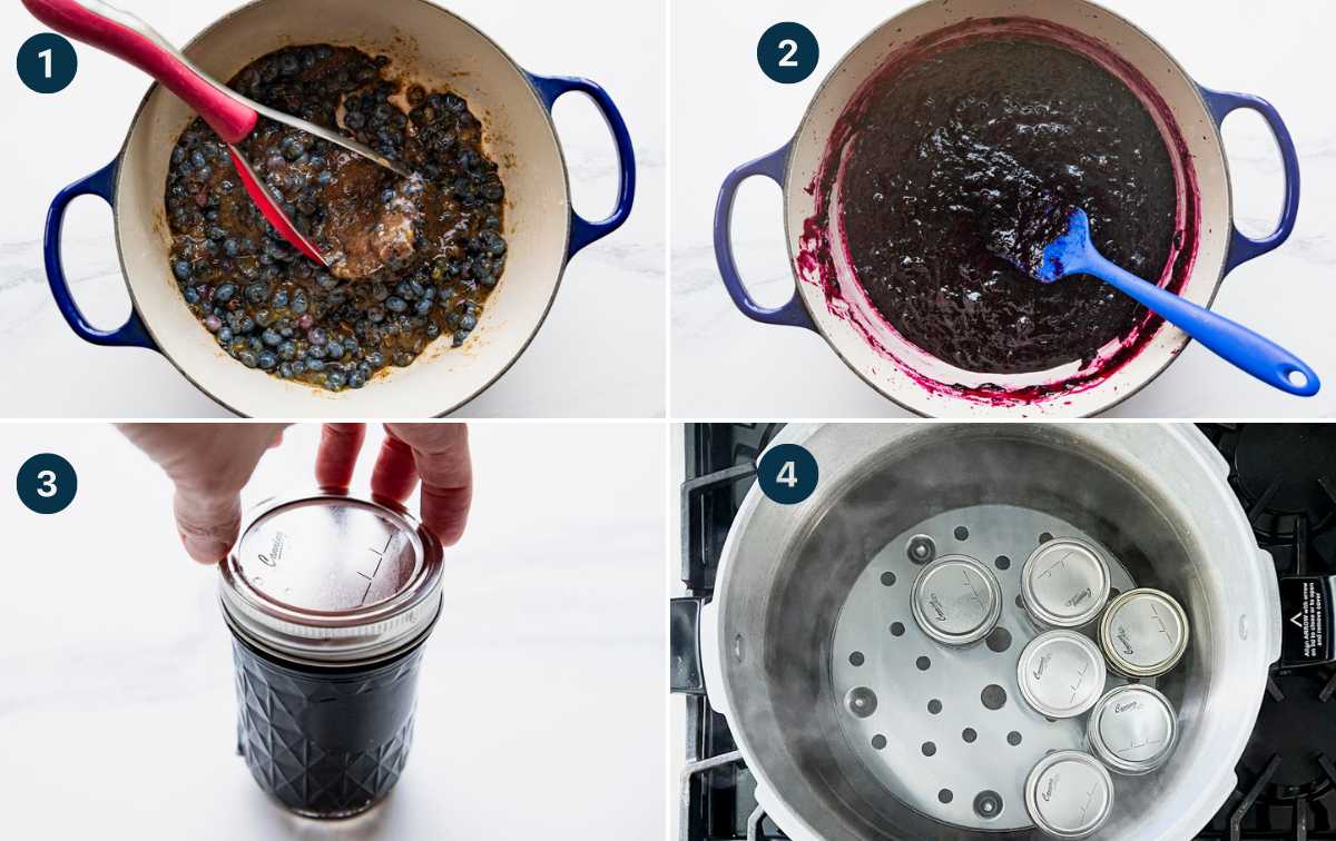 Horizontal collage of process shots showing step-by-step instructions for how to make blueberry jam without pectin.