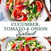 Long collage image of cucumber tomato onion salad.