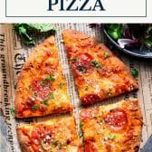 Naan flatbread pizza recipe with text title box at top.