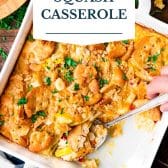 Southern squash casserole recipe with text title overlay.