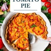 Southern tomato pie with text title overlay.