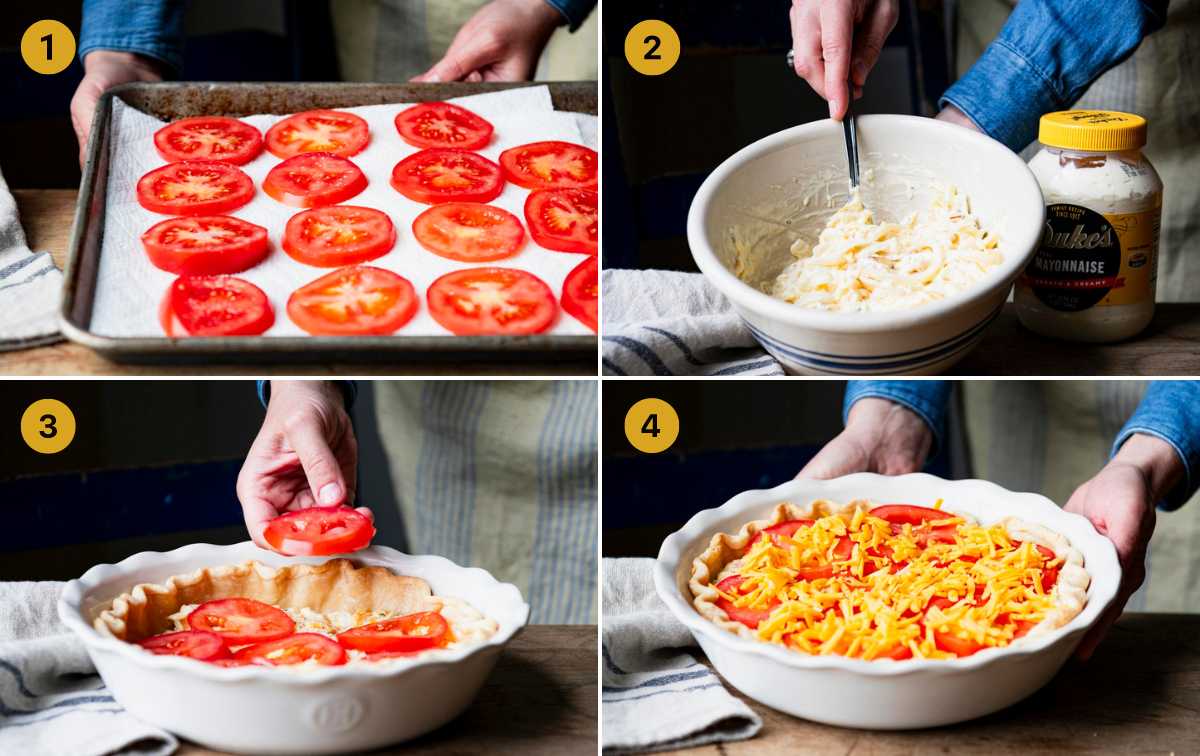 Horizontal collage image of process shots showing how to make tomato pie.