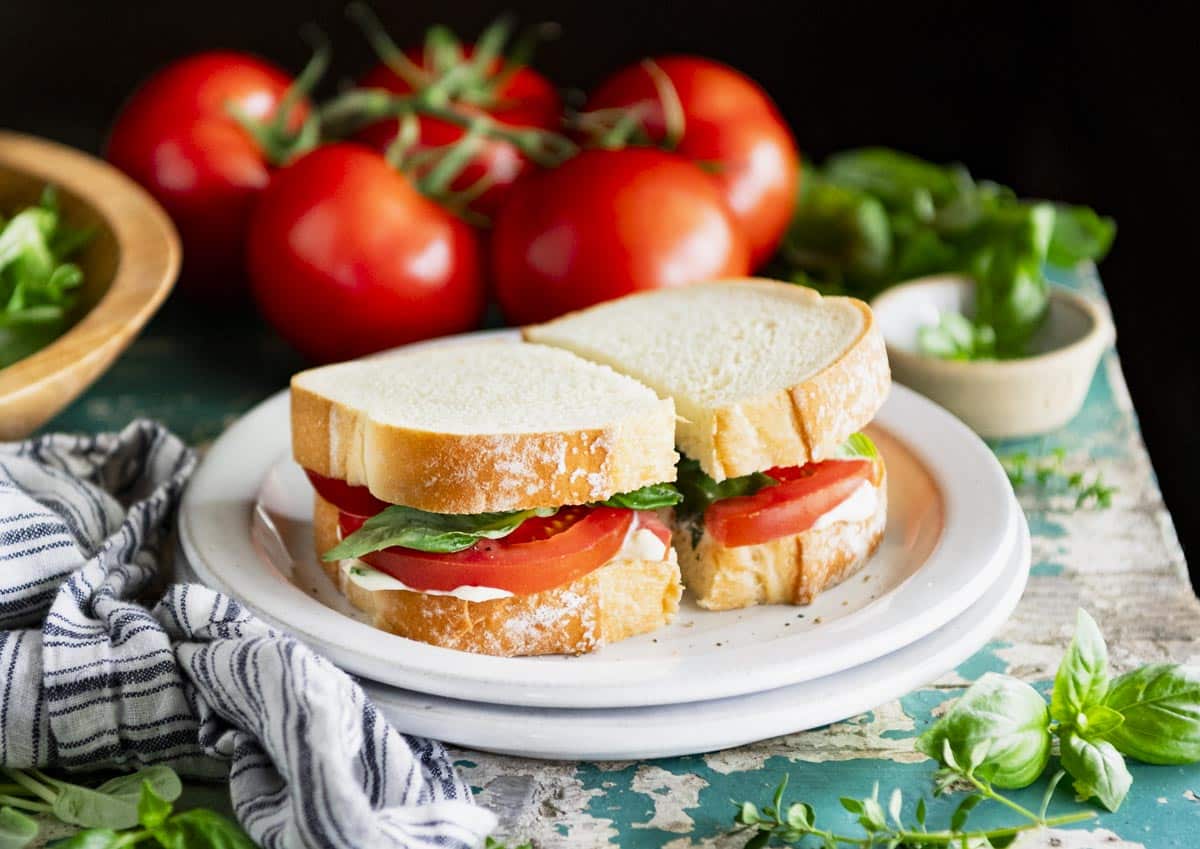 Horizontal side shot of a southern tomato sandwich on a white plate.