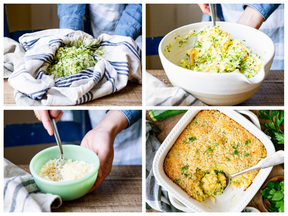 Horizontal collage of process shots showing how to make zucchini casserole.