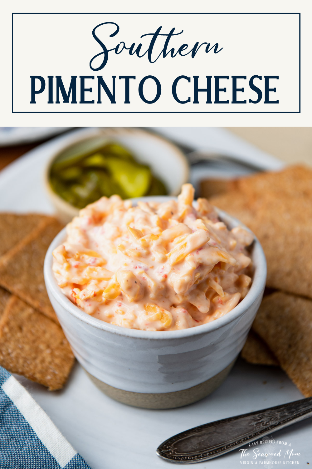 White bowl of pimento cheese with text title box at top