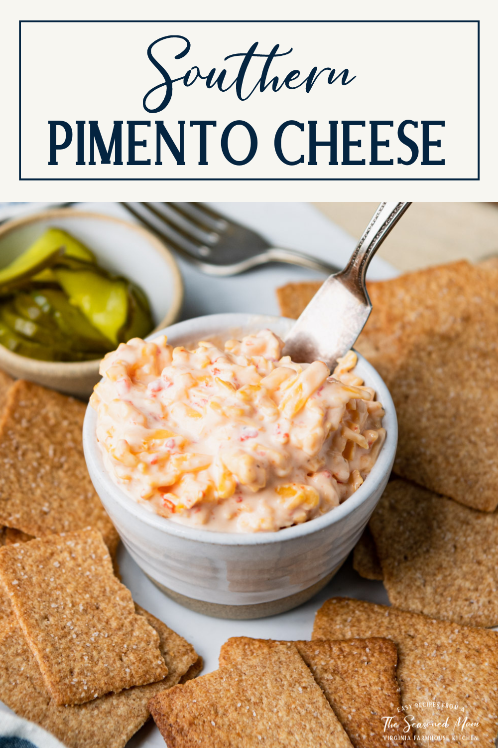 Platter of pimento cheese on a plate with crackers and text title box at top