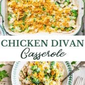 Long collage image of chicken divan with curry.